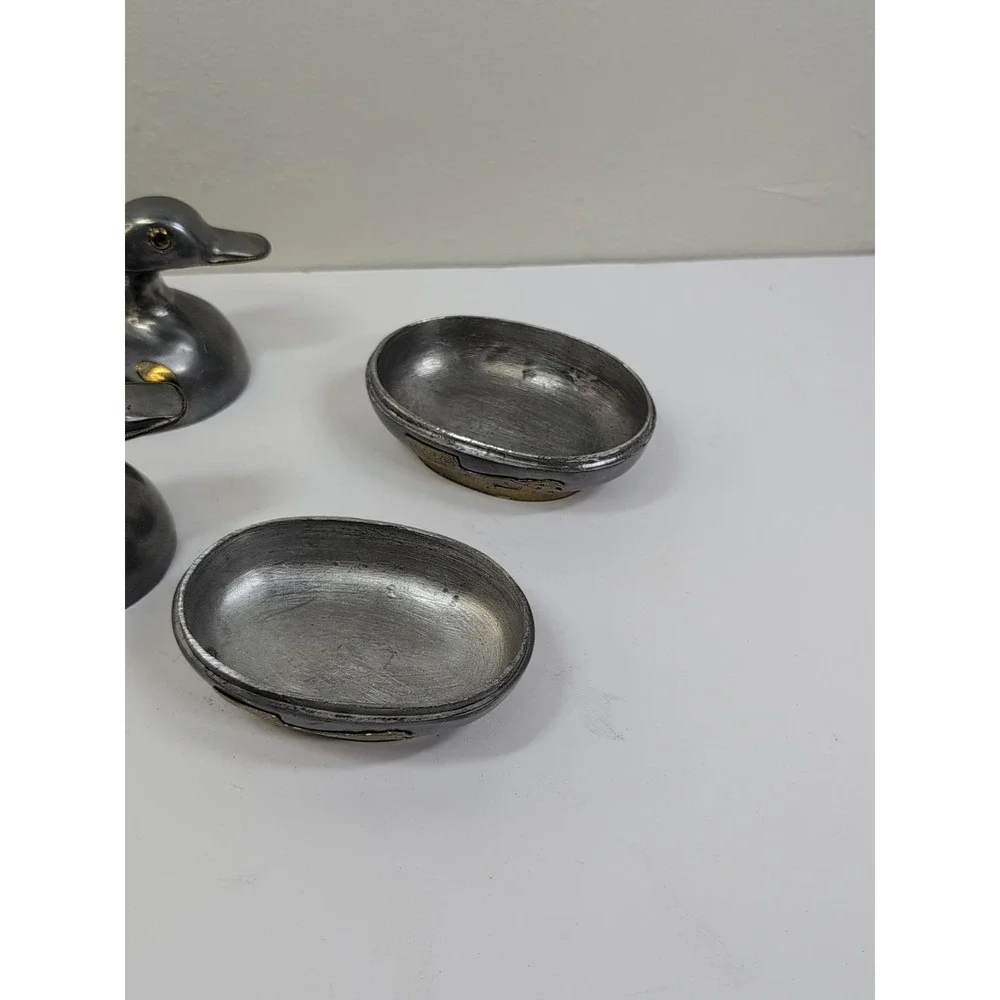 Pair of‎ Small Chinese Metal Pewter Duck Covered Dish Container